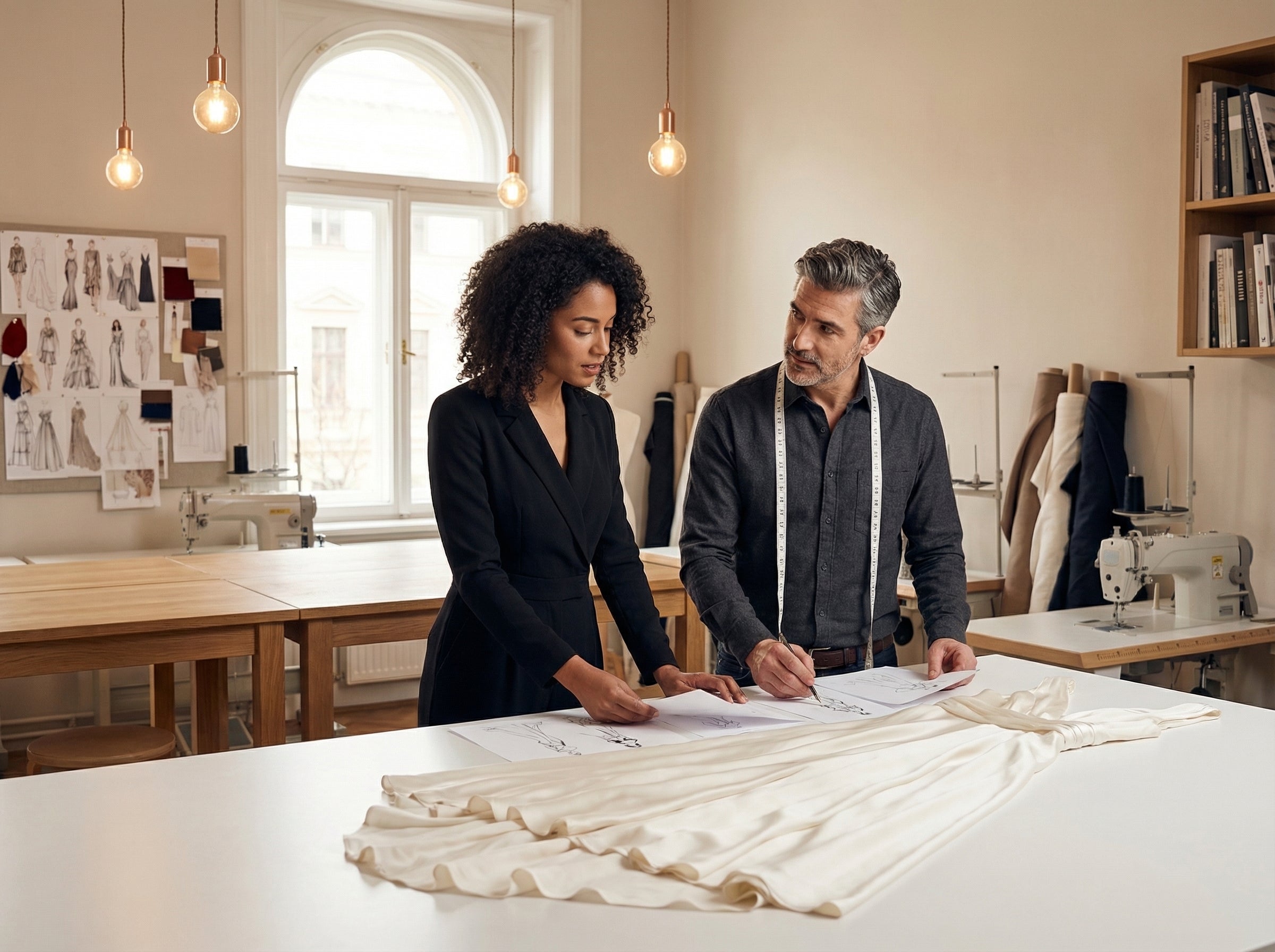 Two people in a design studio looking at fabric samples on a table.