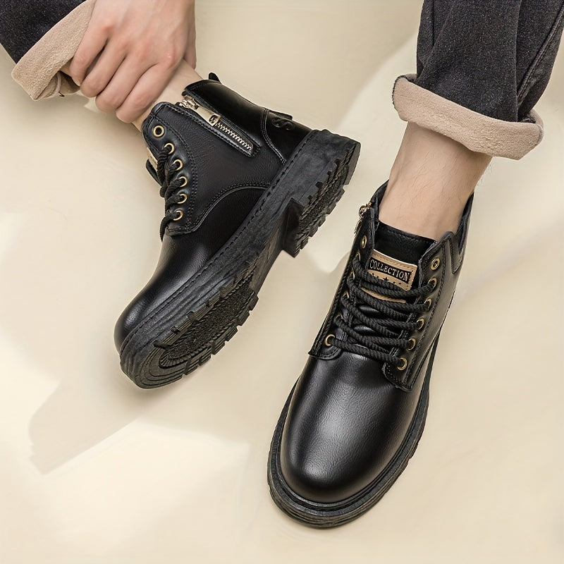Ankle Boots Black Faux Leather Fleece-Lined Lace-Up Men's High-Top Winter Boots – Casual, Outdoor