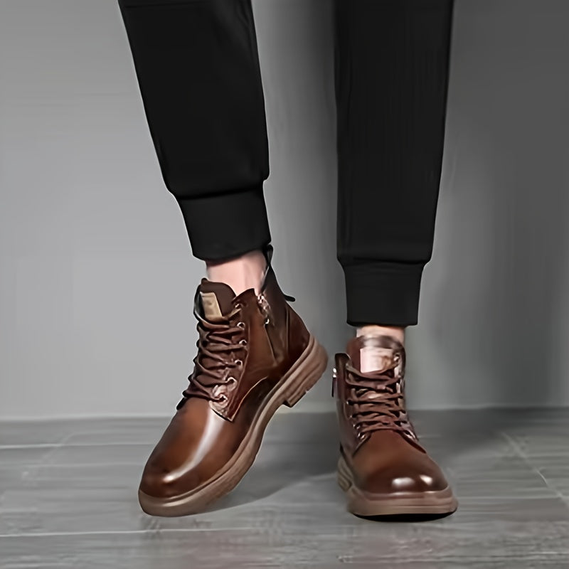 Ankle Boots Black Faux Leather Fleece-Lined Lace-Up Men's High-Top Winter Boots – Casual, Outdoor