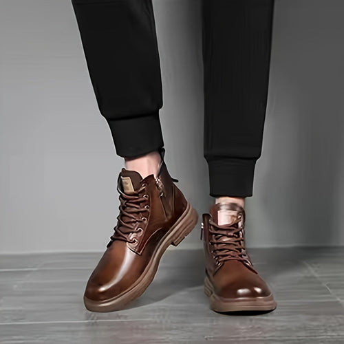 Ankle Boots Black Faux Leather Fleece-Lined Lace-Up Men's High-Top Winter Boots – Casual, Outdoor