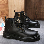 Ankle Boots Black Faux Leather Fleece-Lined Lace-Up Men's High-Top Winter Boots – Casual, Outdoor
