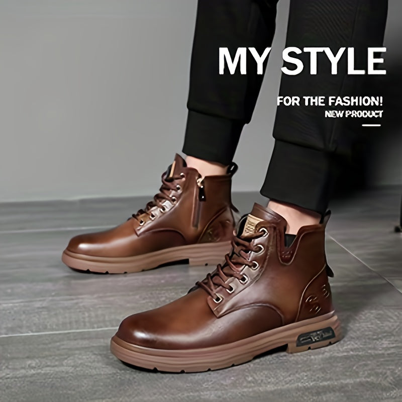 Ankle Boots Black Faux Leather Fleece-Lined Lace-Up Men's High-Top Winter Boots – Casual, Outdoor