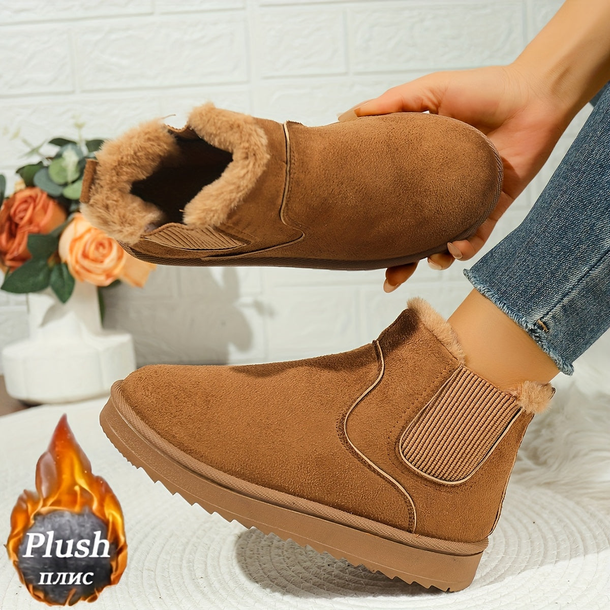 Ankle Boots Women's Black Plush Lined Platform Chelsea Snow Boots – Winter, Casual, Warm, Gift