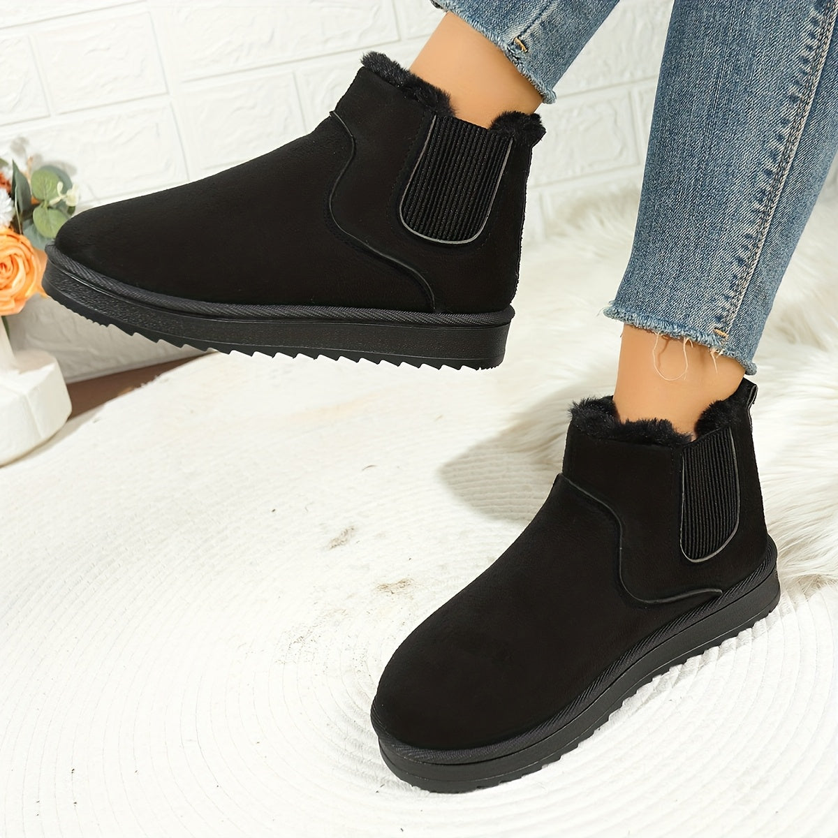Ankle Boots Women's Black Plush Lined Platform Chelsea Snow Boots – Winter, Casual, Warm, Gift