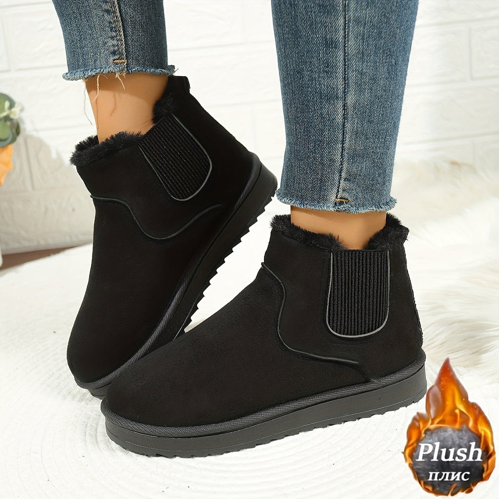 Ankle Boots Women's Black Plush Lined Platform Chelsea Snow Boots – Winter, Casual, Warm, Gift