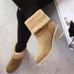 Ankle Boots Women's Fleece Cuff Block Heel Suede Winter Snow Booties – Casual, Cold Weather