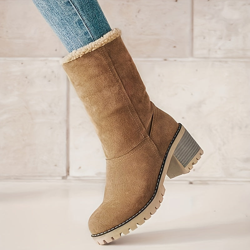 Ankle Boots Women's Fleece Cuff Block Heel Suede Winter Snow Booties – Casual, Cold Weather