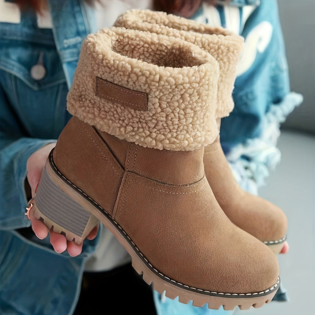Ankle Boots Women's Fleece Cuff Block Heel Suede Winter Snow Booties – Casual, Cold Weather