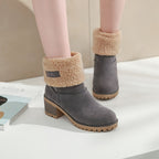 Ankle Boots Women's Fleece Cuff Block Heel Suede Winter Snow Booties – Casual, Cold Weather