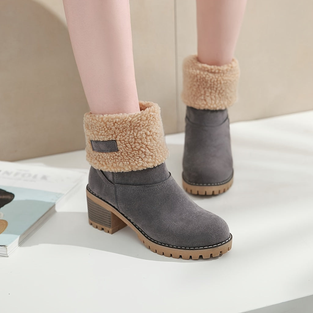 Ankle Boots Women's Fleece Cuff Block Heel Suede Winter Snow Booties – Casual, Cold Weather
