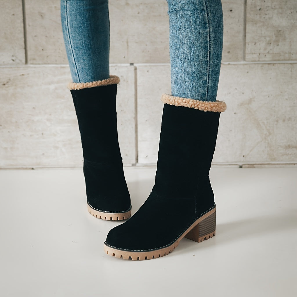 Ankle Boots Women's Fleece Cuff Block Heel Suede Winter Snow Booties – Casual, Cold Weather