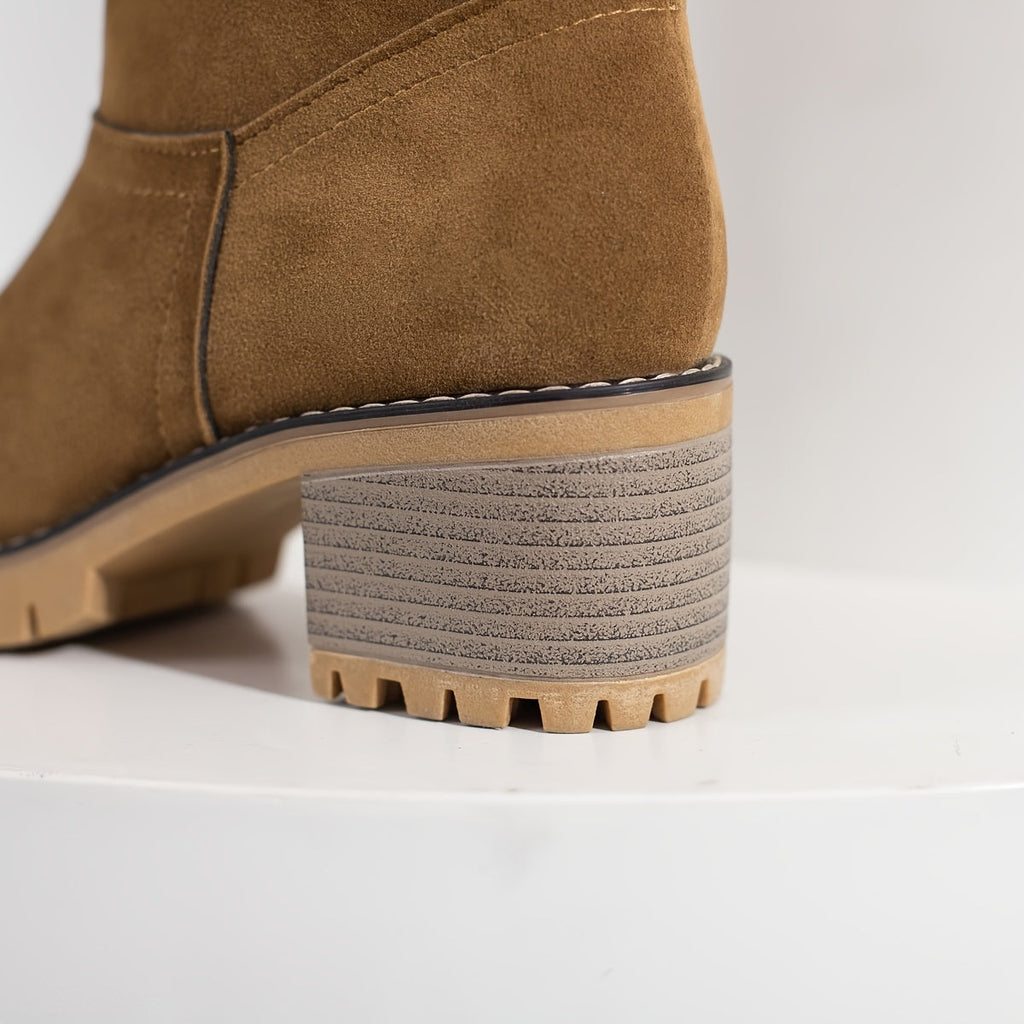 Ankle Boots Women's Fleece Cuff Block Heel Suede Winter Snow Booties – Casual, Cold Weather