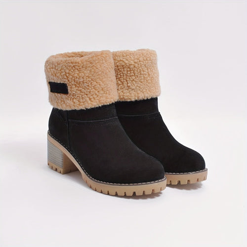 Ankle Boots Women's Fleece Cuff Block Heel Suede Winter Snow Booties – Casual, Cold Weather