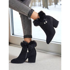 Ankle Boots Women's Fur-Trimmed Block Heel Suede Side Zip Brown – Casual, Winter