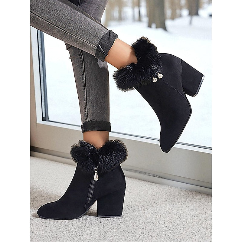 Ankle Boots Women's Fur-Trimmed Block Heel Suede Side Zip Brown – Casual, Winter
