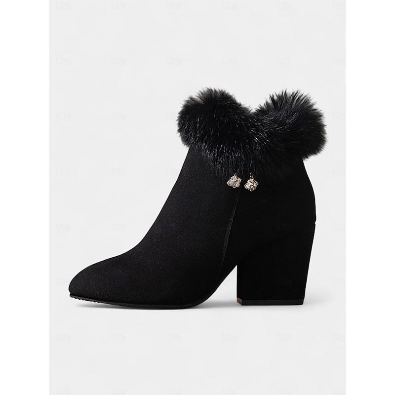 Ankle Boots Women's Fur-Trimmed Block Heel Suede Side Zip Brown – Casual, Winter
