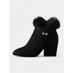 Ankle Boots Women's Fur-Trimmed Block Heel Suede Side Zip Brown – Casual, Winter