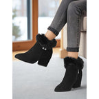 Ankle Boots Women's Fur-Trimmed Block Heel Suede Side Zip Brown – Casual, Winter