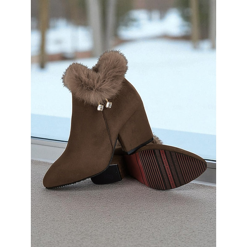 Ankle Boots Women's Fur-Trimmed Block Heel Suede Side Zip Brown – Casual, Winter