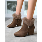 Ankle Boots Women's Fur-Trimmed Block Heel Suede Side Zip Brown – Casual, Winter
