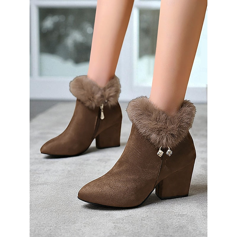 Ankle Boots Women's Fur-Trimmed Block Heel Suede Side Zip Brown – Casual, Winter