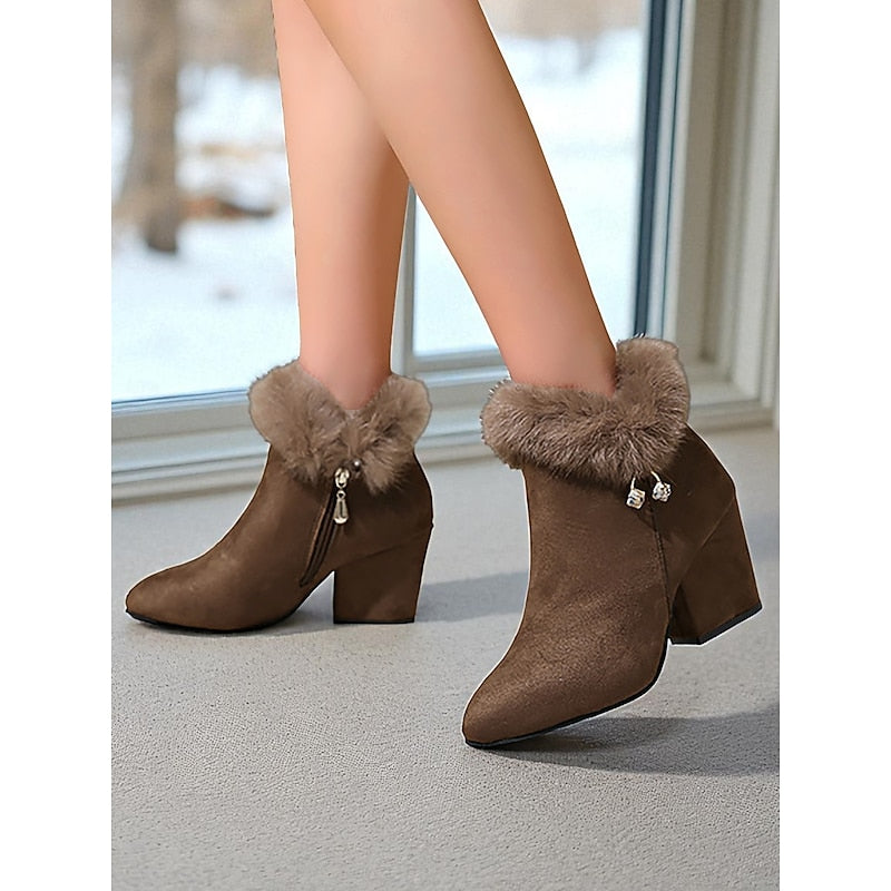 Ankle Boots Women's Fur-Trimmed Block Heel Suede Side Zip Brown – Casual, Winter