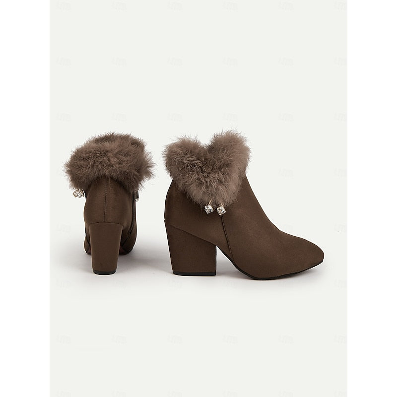 Ankle Boots Women's Fur-Trimmed Block Heel Suede Side Zip Brown – Casual, Winter
