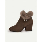 Ankle Boots Women's Fur-Trimmed Block Heel Suede Side Zip Brown – Casual, Winter