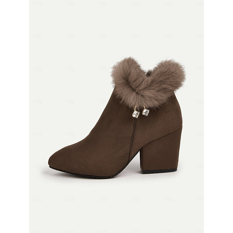Ankle Boots Women's Fur-Trimmed Block Heel Suede Side Zip Brown – Casual, Winter