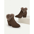 Ankle Boots Women's Fur-Trimmed Block Heel Suede Side Zip Brown – Casual, Winter