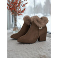 Ankle Boots Women's Fur-Trimmed Block Heel Suede Side Zip Brown – Casual, Winter
