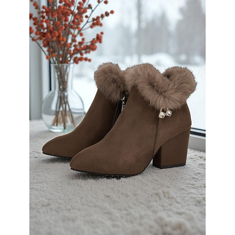 Ankle Boots Women's Fur-Trimmed Block Heel Suede Side Zip Brown – Casual, Winter