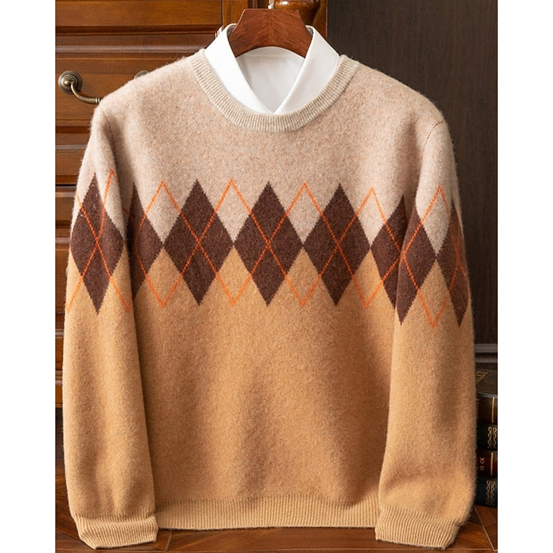 Argyle Crew Neck Sweater Men's Knit Long Sleeve Pullover – Casual, Office, Gift · Faylori