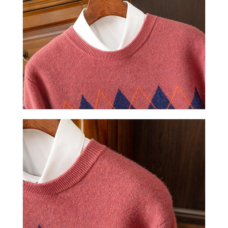 Argyle Crew Neck Sweater Men's Knit Long Sleeve Pullover – Casual, Office, Gift · Faylori