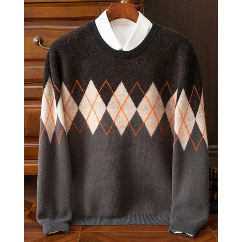Argyle Crew Neck Sweater Men's Knit Long Sleeve Pullover – Casual, Office, Gift · Faylori