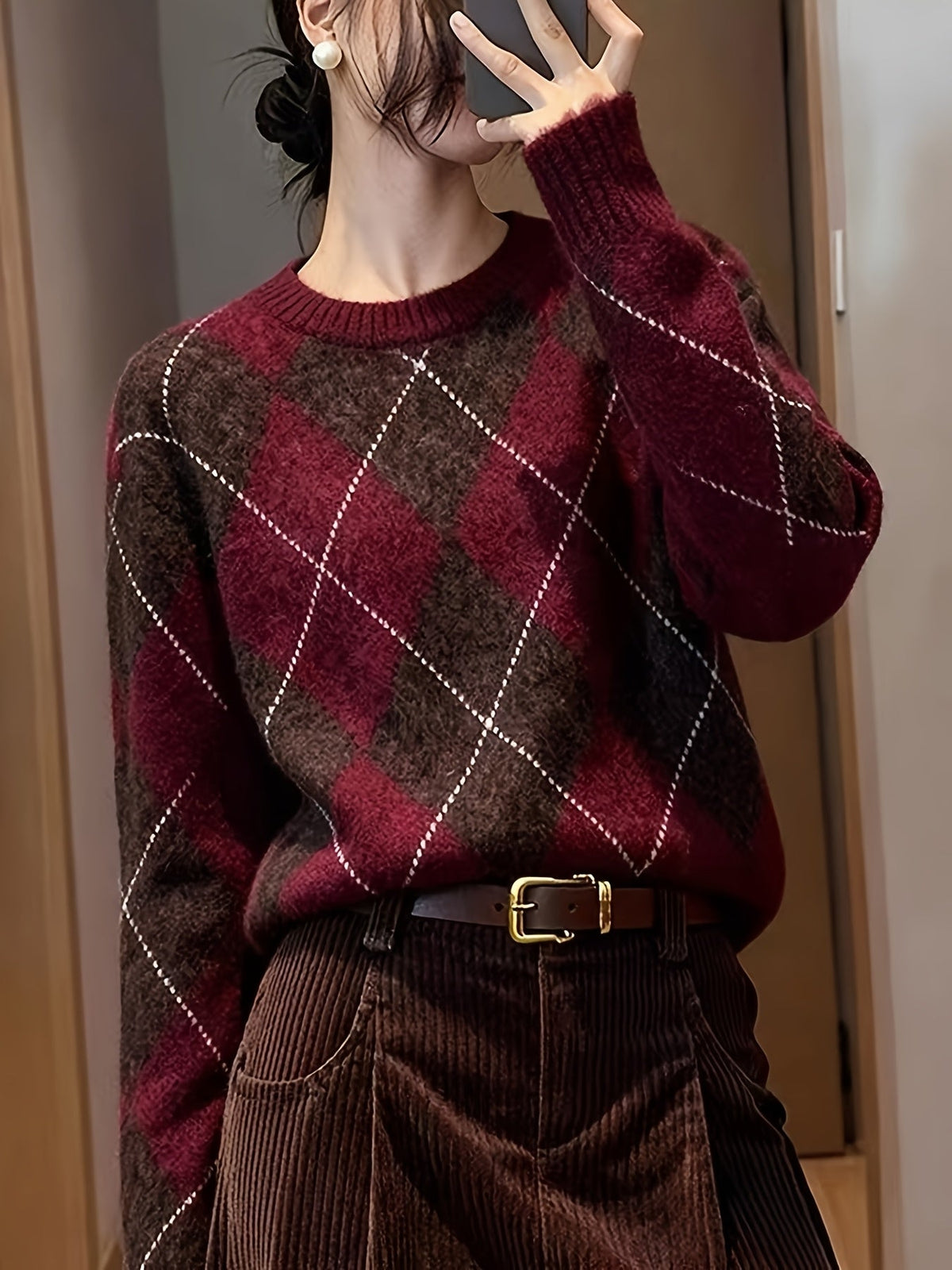 Argyle Knit Sweater Women's Round Neck Long Sleeve Pullover – Casual, Office, Holiday, Gift