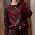 Argyle Knit Sweater Women's Round Neck Long Sleeve Pullover – Casual, Office, Holiday, Gift