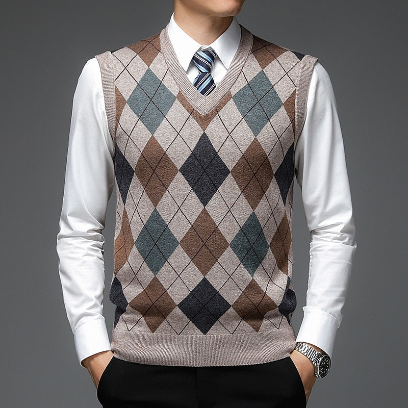 Argyle Sweater Vest Men's V-Neck Sleeveless Knit Pullover – Office, Casual · Faylori