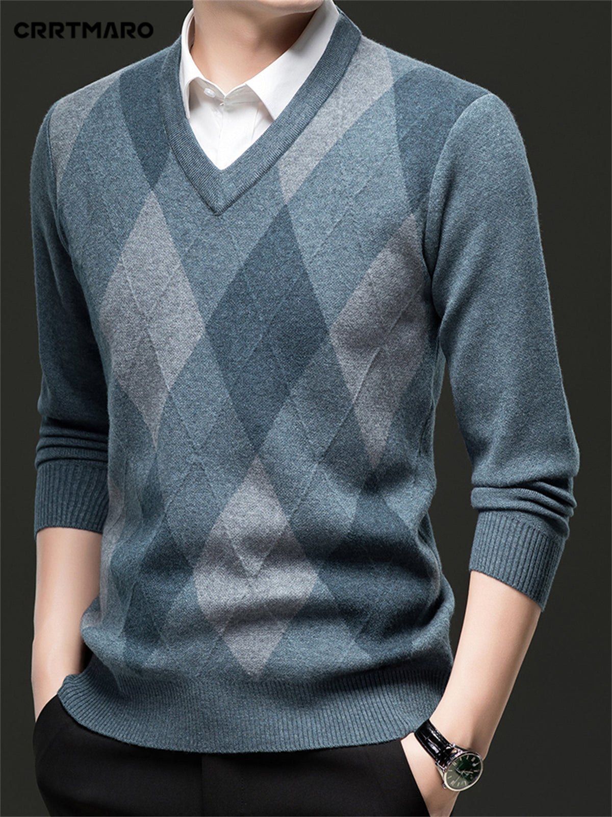 Argyle V-Neck Sweater Men's Knitted Pullover – Casual, Office · Faylori