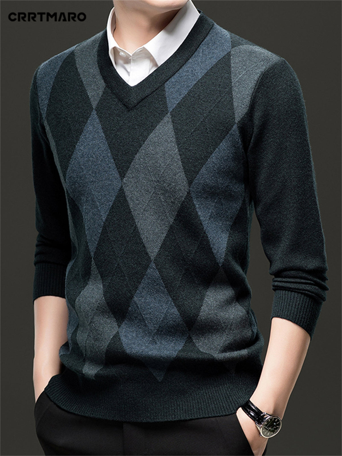 Argyle V-Neck Sweater Men's Knitted Pullover – Casual, Office · Faylori