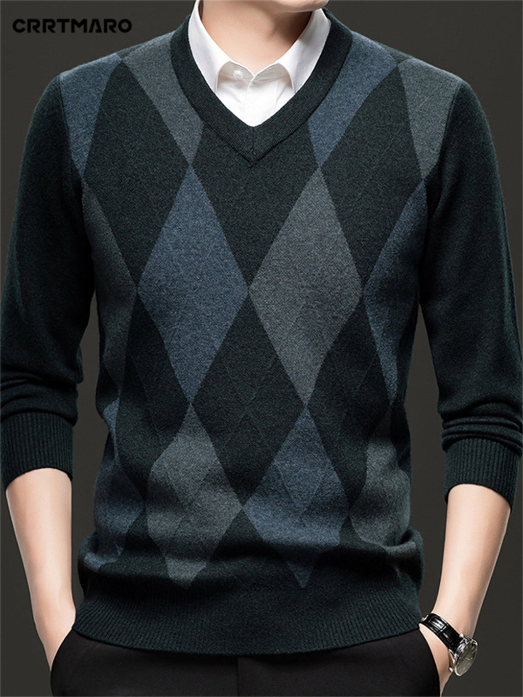 Argyle V-Neck Sweater Men's Knitted Pullover – Casual, Office · Faylori