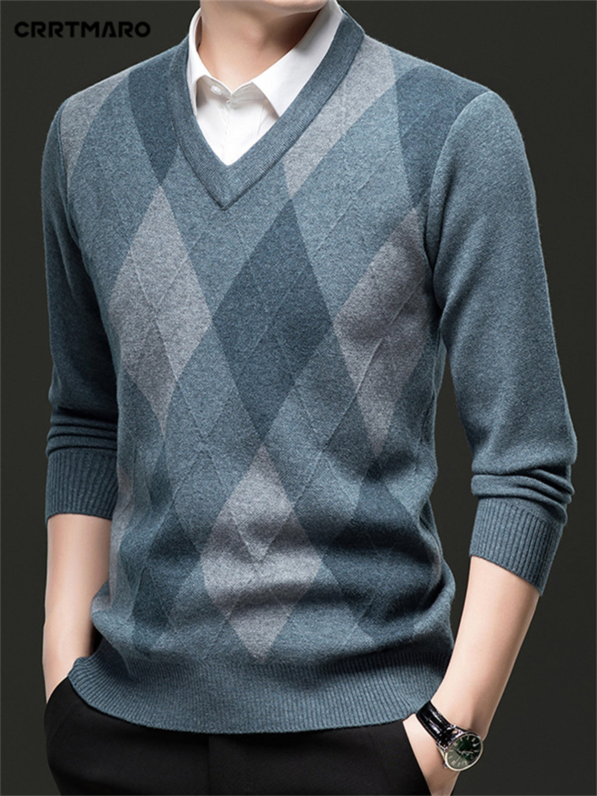 Argyle V-Neck Sweater Men's Knitted Pullover – Casual, Office · Faylori