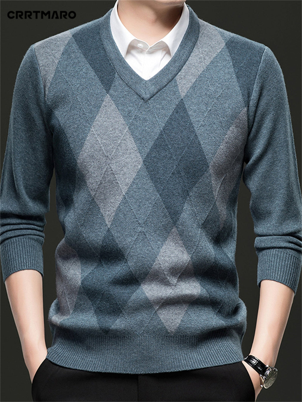 Argyle V-Neck Sweater Men's Knitted Pullover – Casual, Office · Faylori