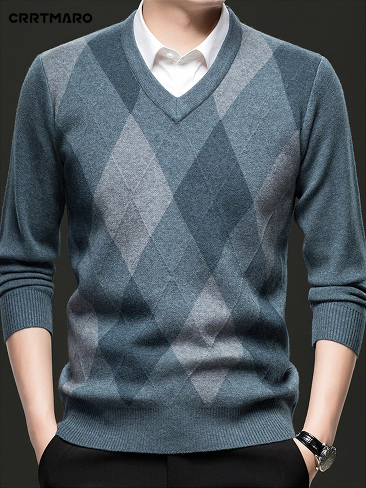 Argyle V-Neck Sweater Men's Knitted Pullover – Casual, Office · Faylori