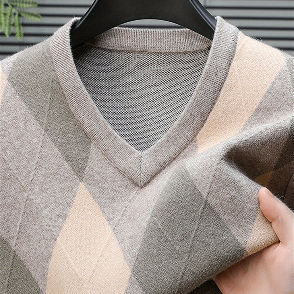 Argyle V-Neck Sweater Men's Knitted Pullover – Casual, Office · Faylori