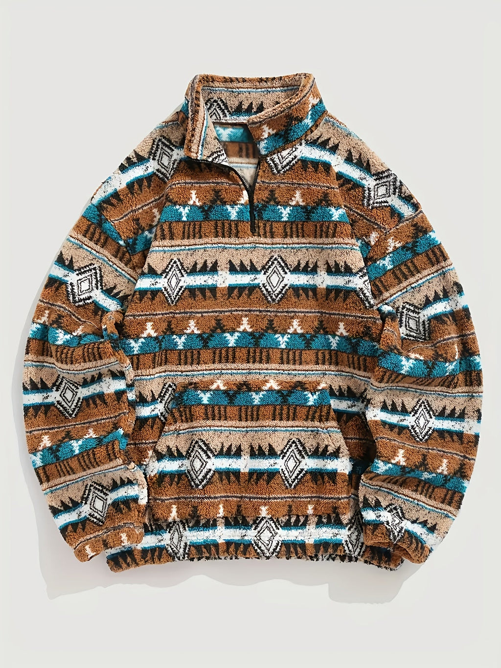 Aztec Fleece Pullover Men's Quarter-Zip Sherpa Sweatshirt Brown Teal – Casual, Winter Gift