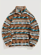Aztec Fleece Pullover Men's Quarter-Zip Sherpa Sweatshirt Brown Teal – Casual, Winter Gift
