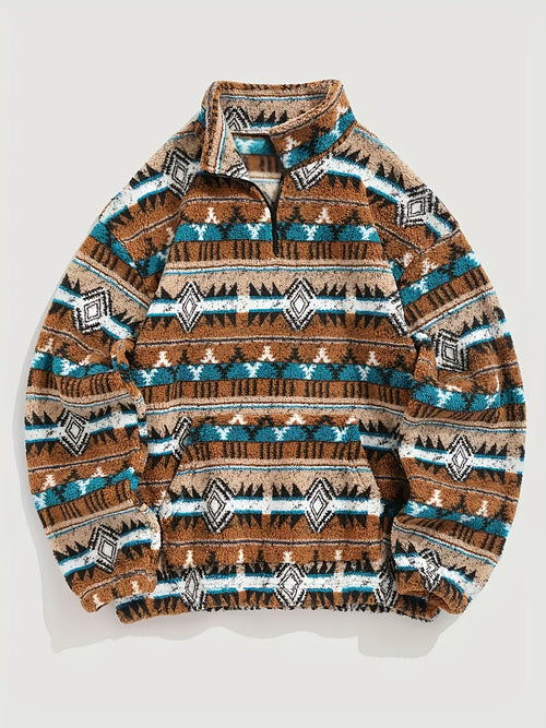 Aztec Fleece Pullover Men's Quarter-Zip Sherpa Sweatshirt Brown Teal – Casual, Winter Gift