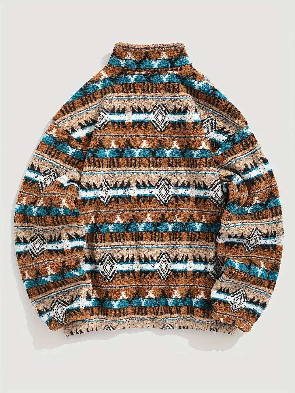 Aztec Fleece Pullover Men's Quarter-Zip Sherpa Sweatshirt Brown Teal – Casual, Winter Gift