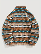 Aztec Fleece Pullover Men's Quarter-Zip Sherpa Sweatshirt Brown Teal – Casual, Winter Gift